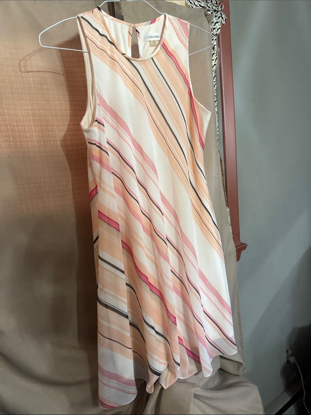 Calvin Klein Sleeveless Diagonal Stripe Dress in Cream, Pink and Peach S-18